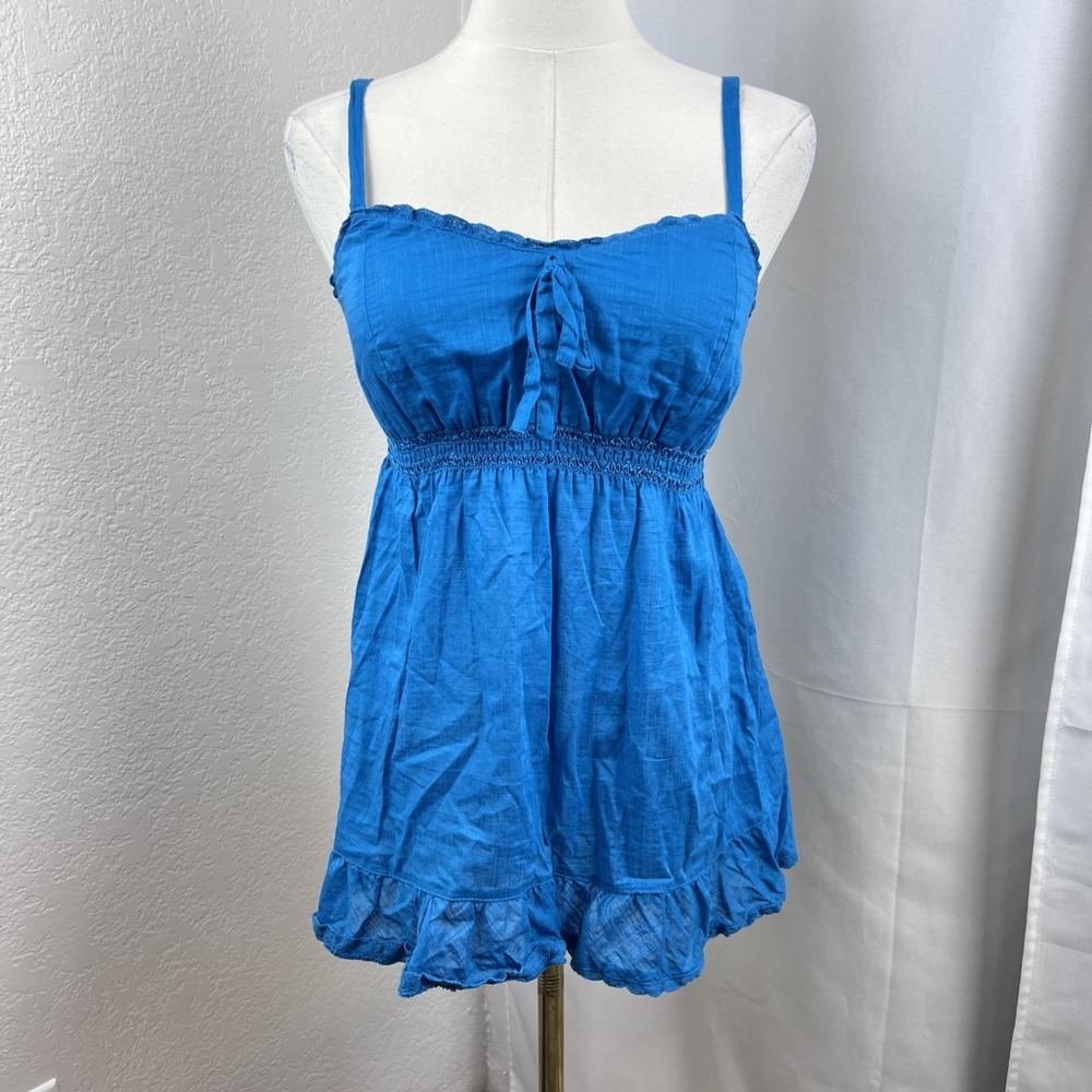 Y2K Babydoll Tank Womens Medium Blue Ruffle Boho Festival Romantic Fairy Beach